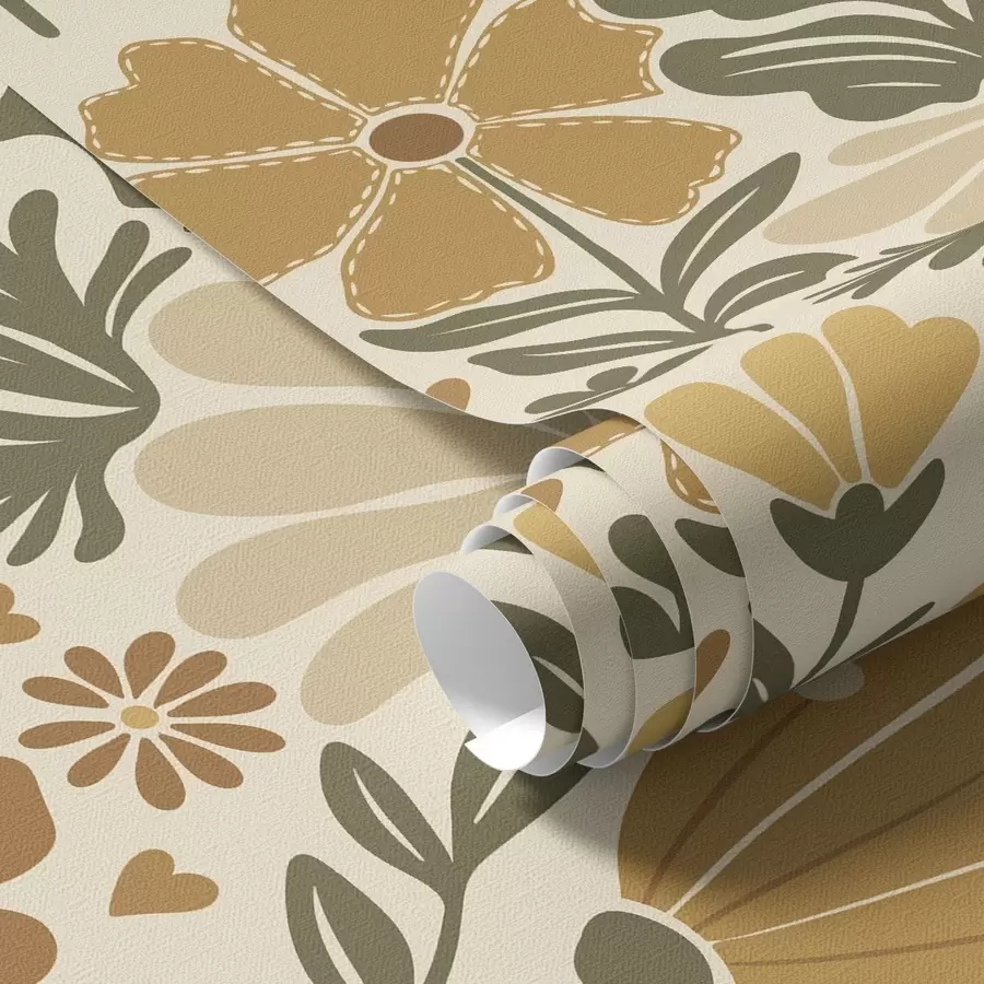 Murale Fleurs stylisées dans des tons chauds avec des cœurs a00752