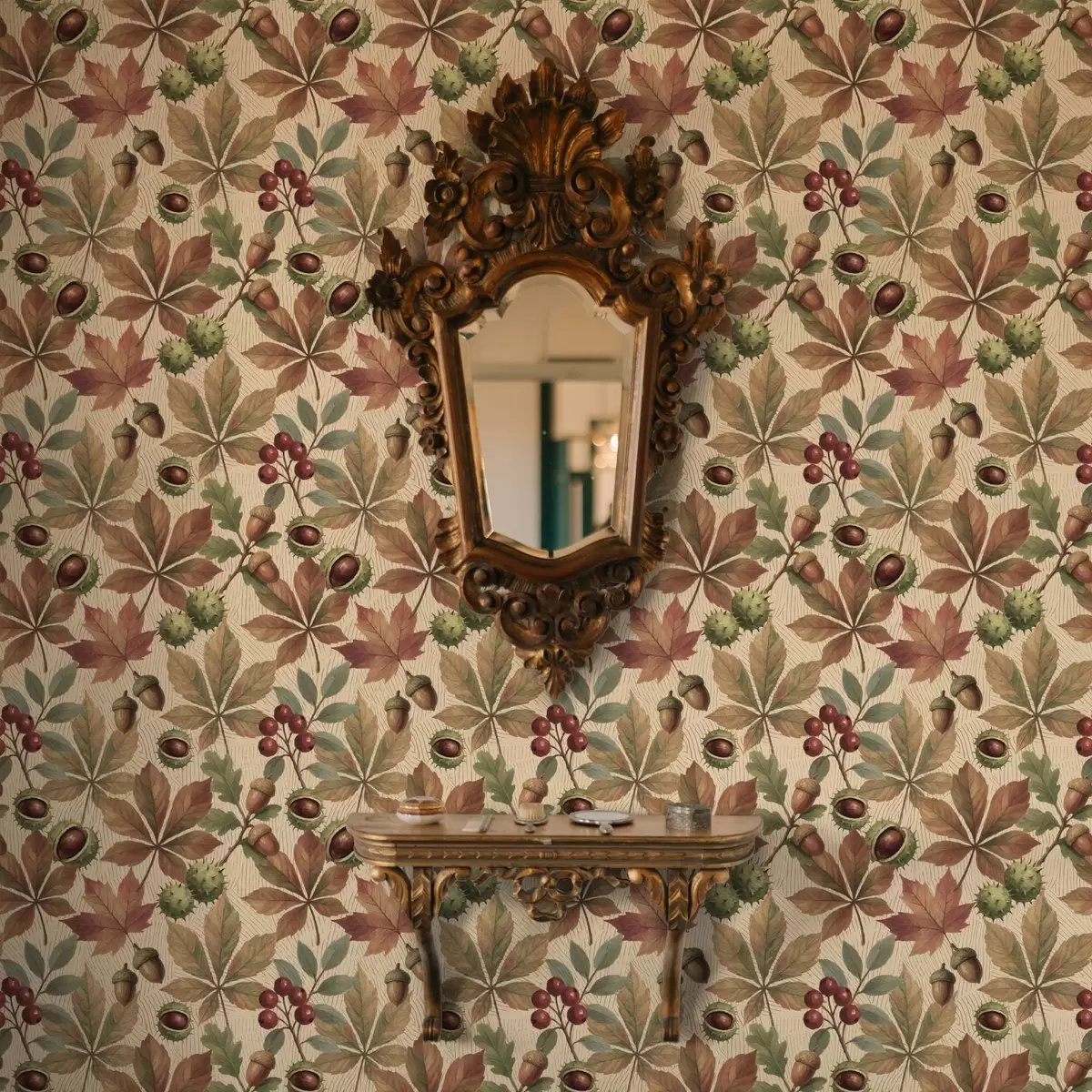 Tapete Herbstblätter, Eicheln und Beeren auf beigem Hintergrund a00754