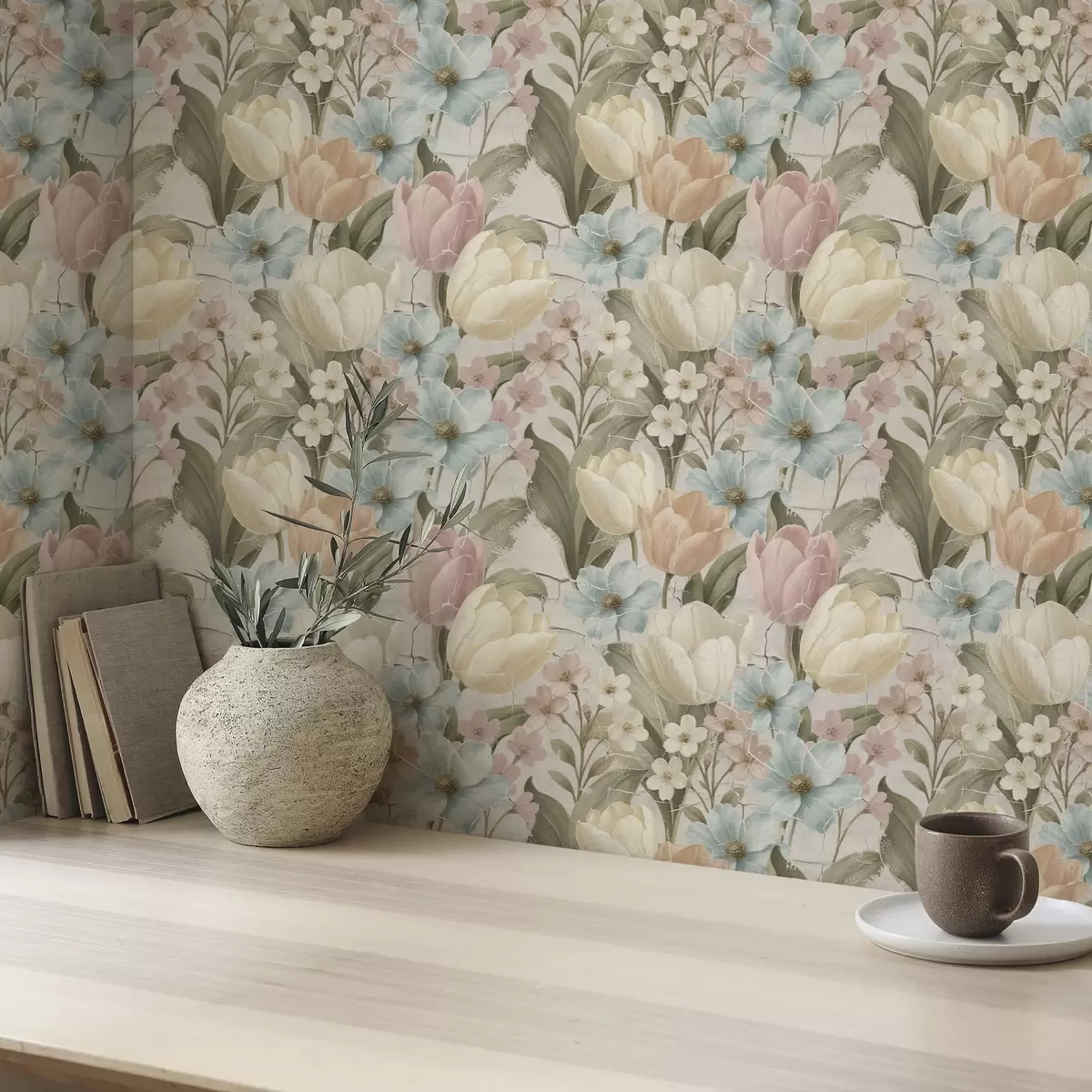 Baggrund Pastelfarvede tulipaner og blomster på lys, krakeleret baggrund a00756