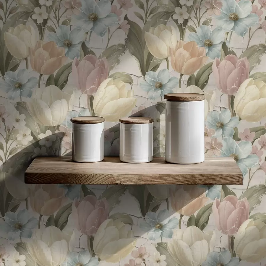 Murale Tulipes et fleurs pastel sur fond clair craquelé a00756