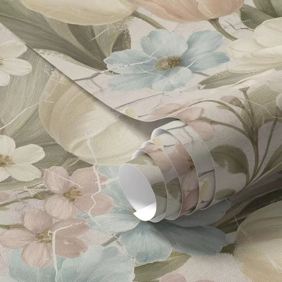 Murale Tulipes et fleurs pastel sur fond clair craquelé a00756