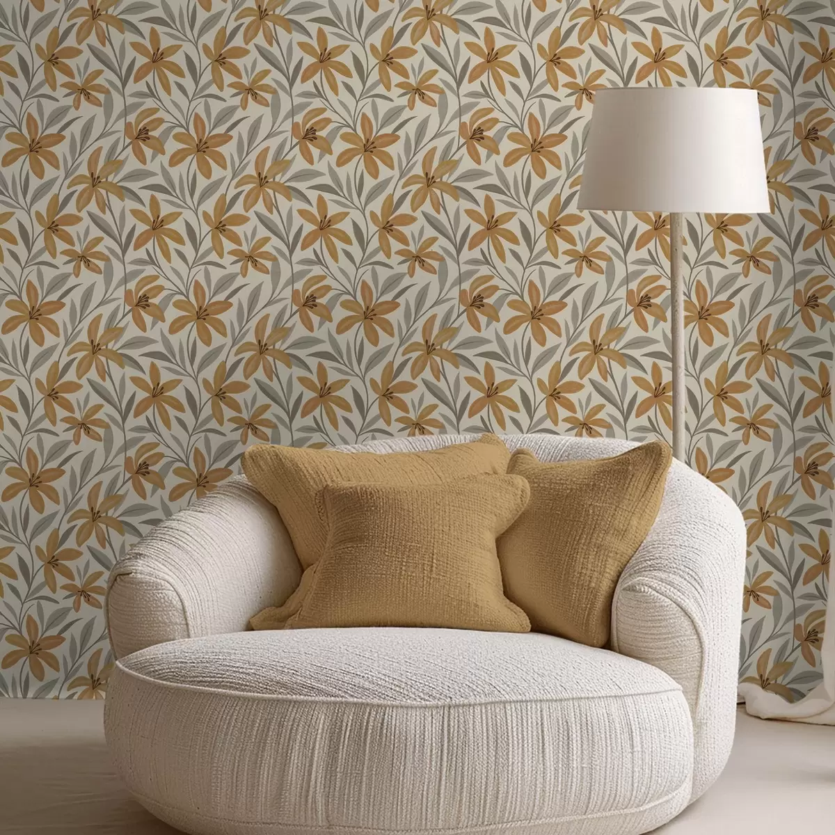 Tapete Gelbe Lilien und graugrüne Blätter auf hellem Hintergrund a00757