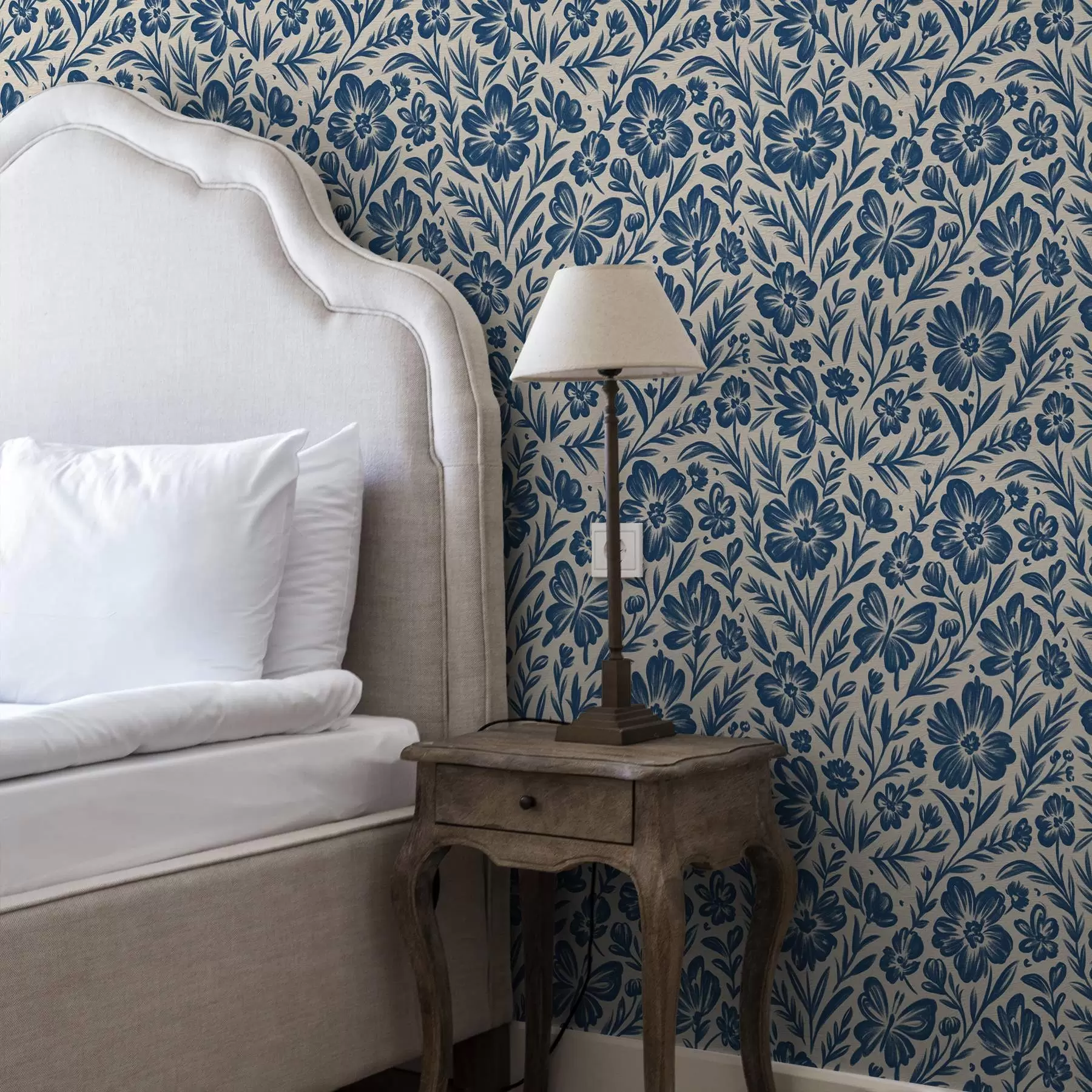 Murale Ornement floral bleu avec papillons a00758