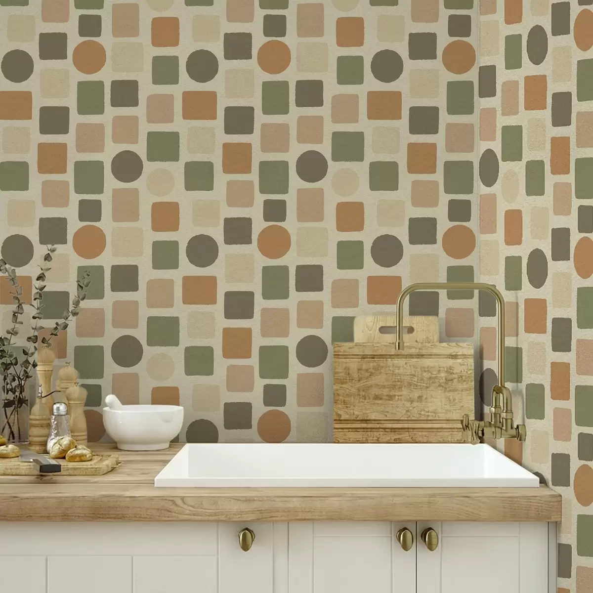 Baggrund Geometrisk mønster af firkanter og cirkler i varme farver a00759