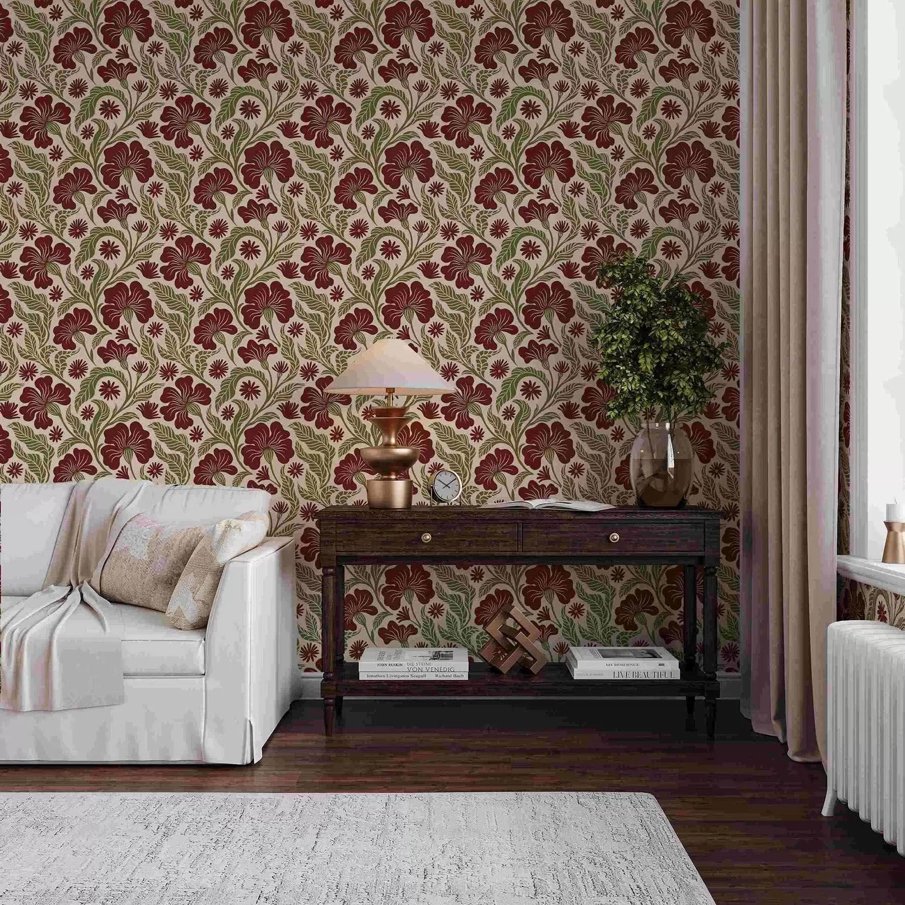 fototapeter Bourgognefarvede blomster med grønne blade på lys baggrund a00761