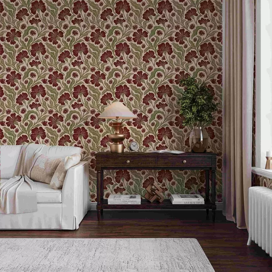 fototapeter Bourgognefarvede blomster med grønne blade på lys baggrund a00761