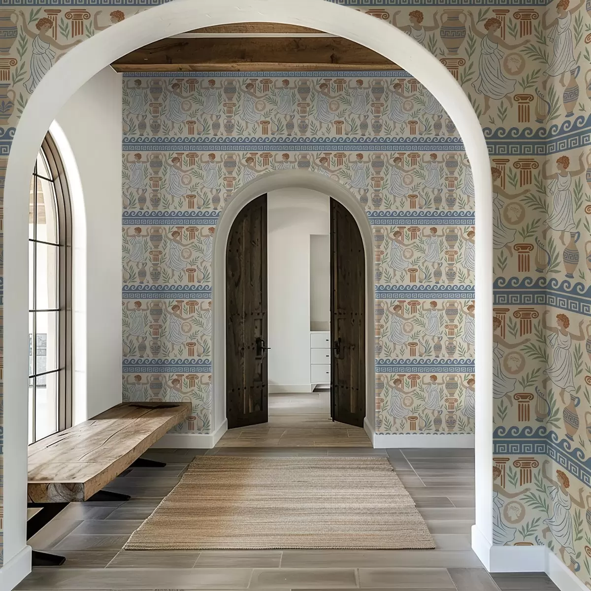 Baggrund Antik græsk ornament med figurer, vaser og søjler a00768