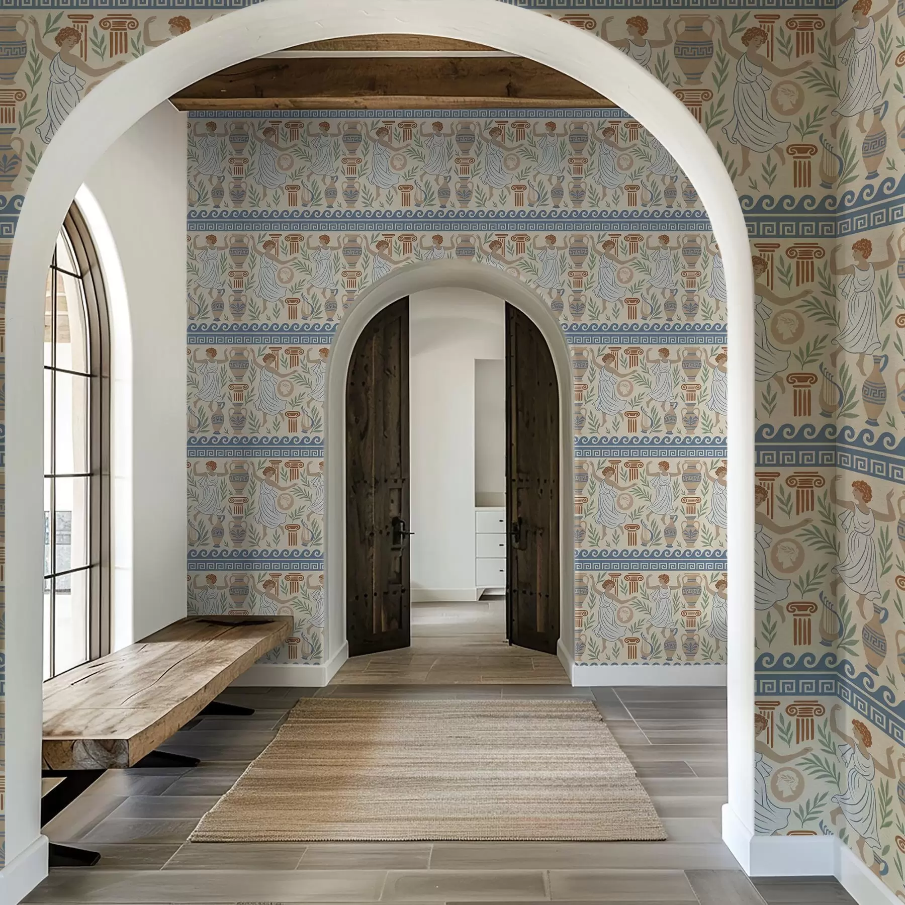 fototapeter Antik græsk ornament med figurer, vaser og søjler a00768