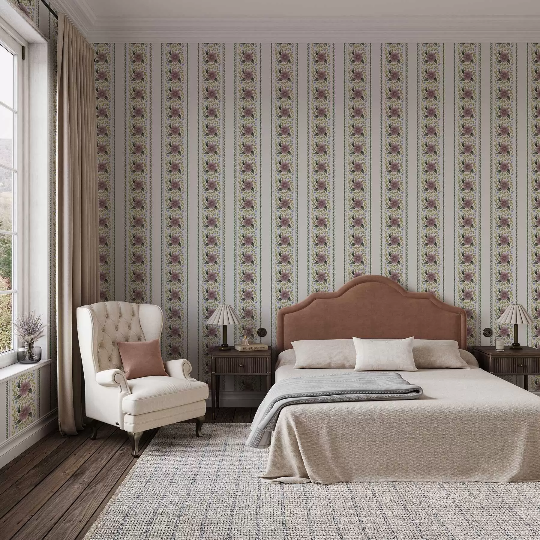 Murale Rayures florales verticales dans les tons bleu lilas a00809