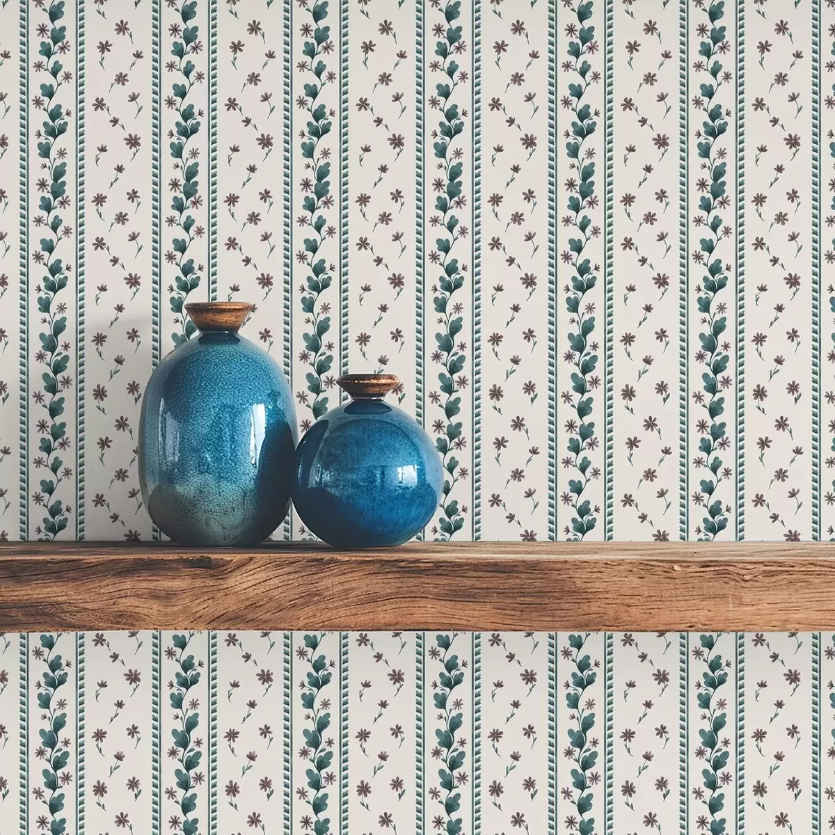 Papier peint Rayures florales verticales dans les tons bleu-marron a00811