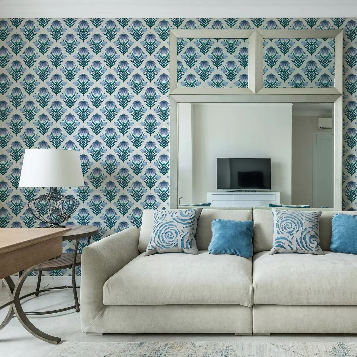 Papier peint Ornement floral symétrique dans des tons bleu-blanc a00812v2
