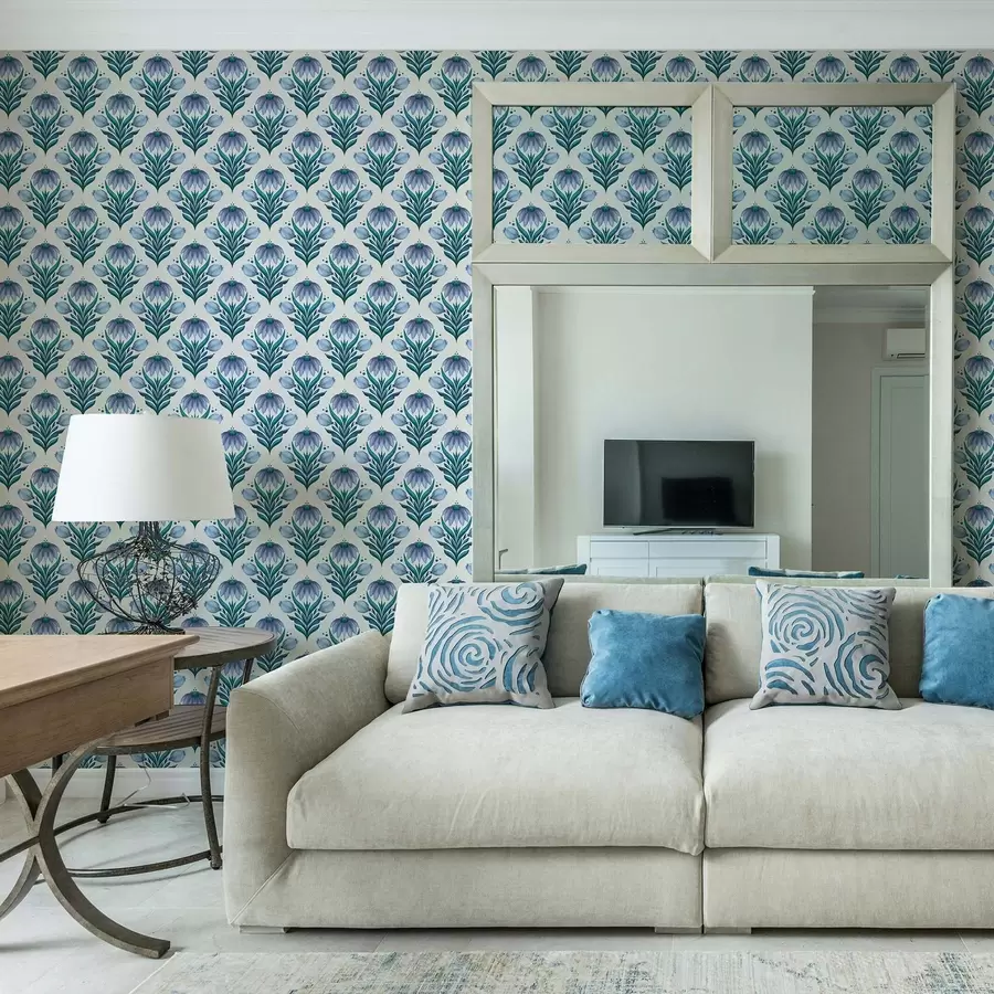 fototapeter Symmetrisk blomsterornament i blå-hvide nuancer a00812v2