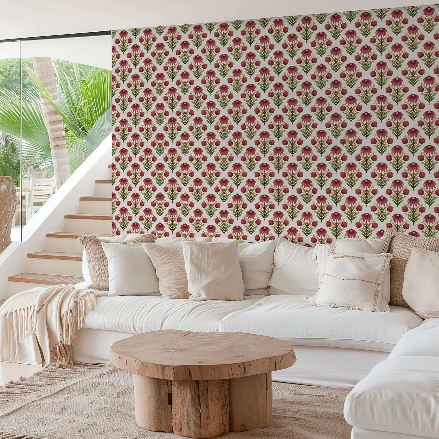 Murale Ornement floral symétrique dans des tons riches rouge-vert a00812v4