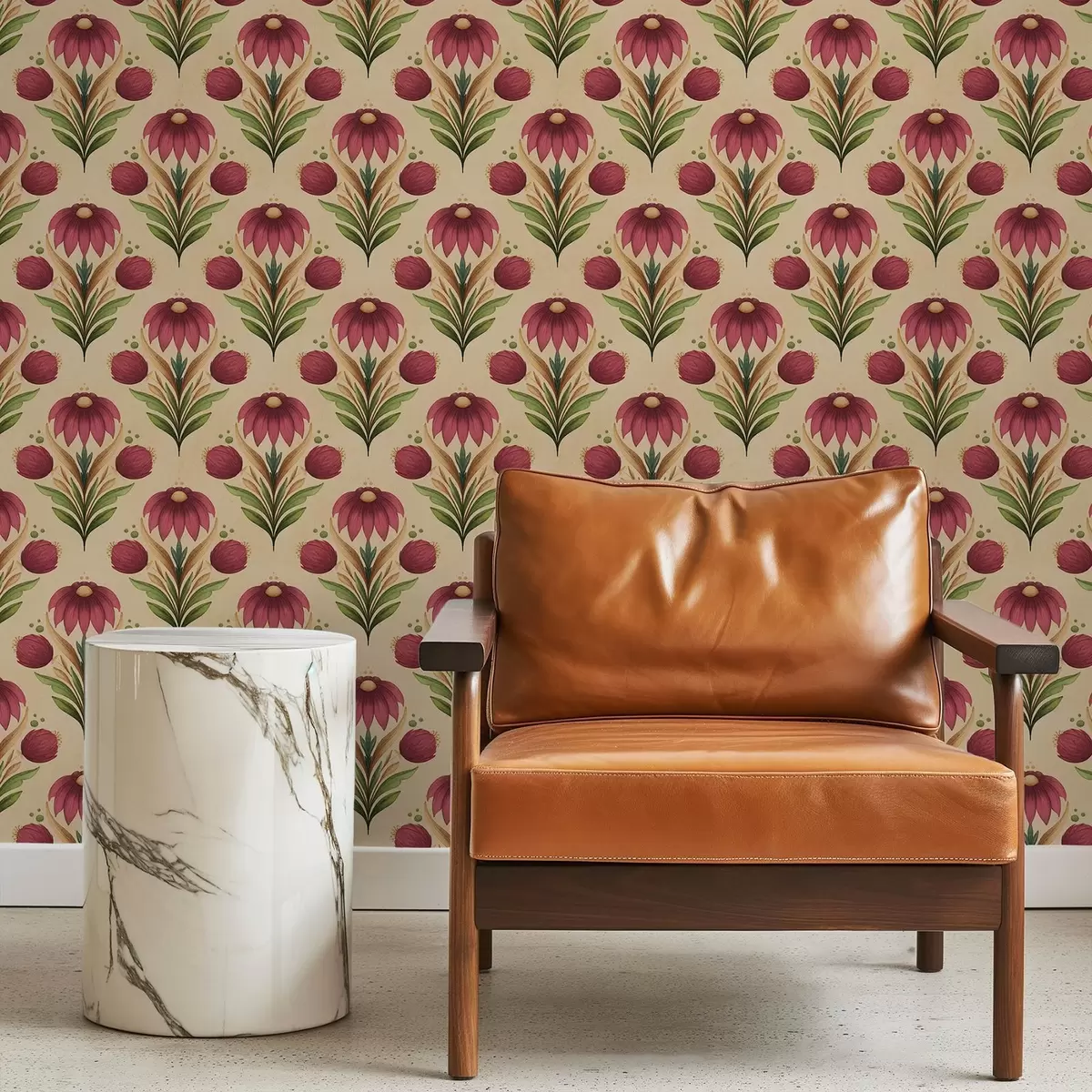 Papier peint Motif floral symétrique sur fond beige chaud a00812v6