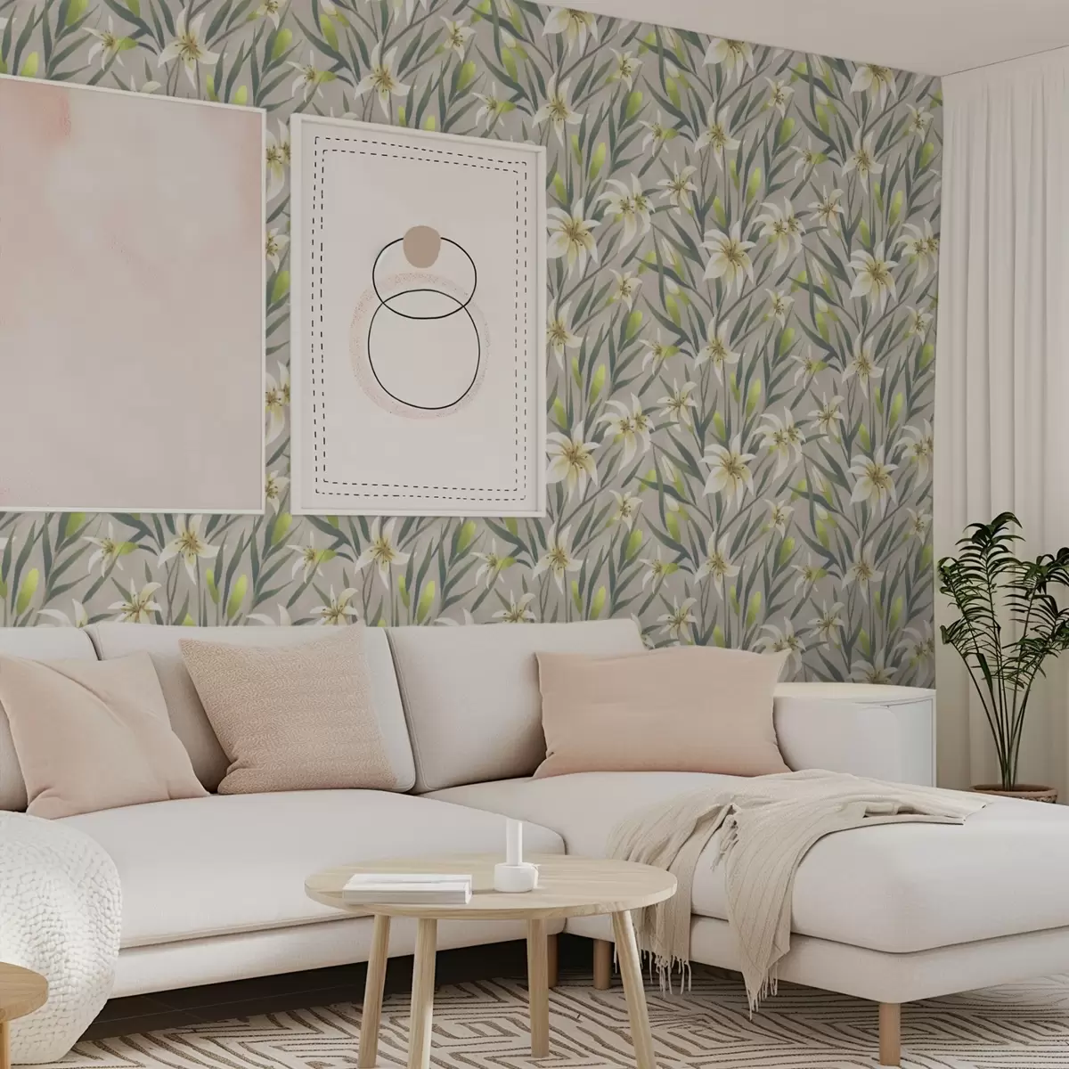 Baggrund Cremefarvede liljer med blade på gråbeige baggrund a00837