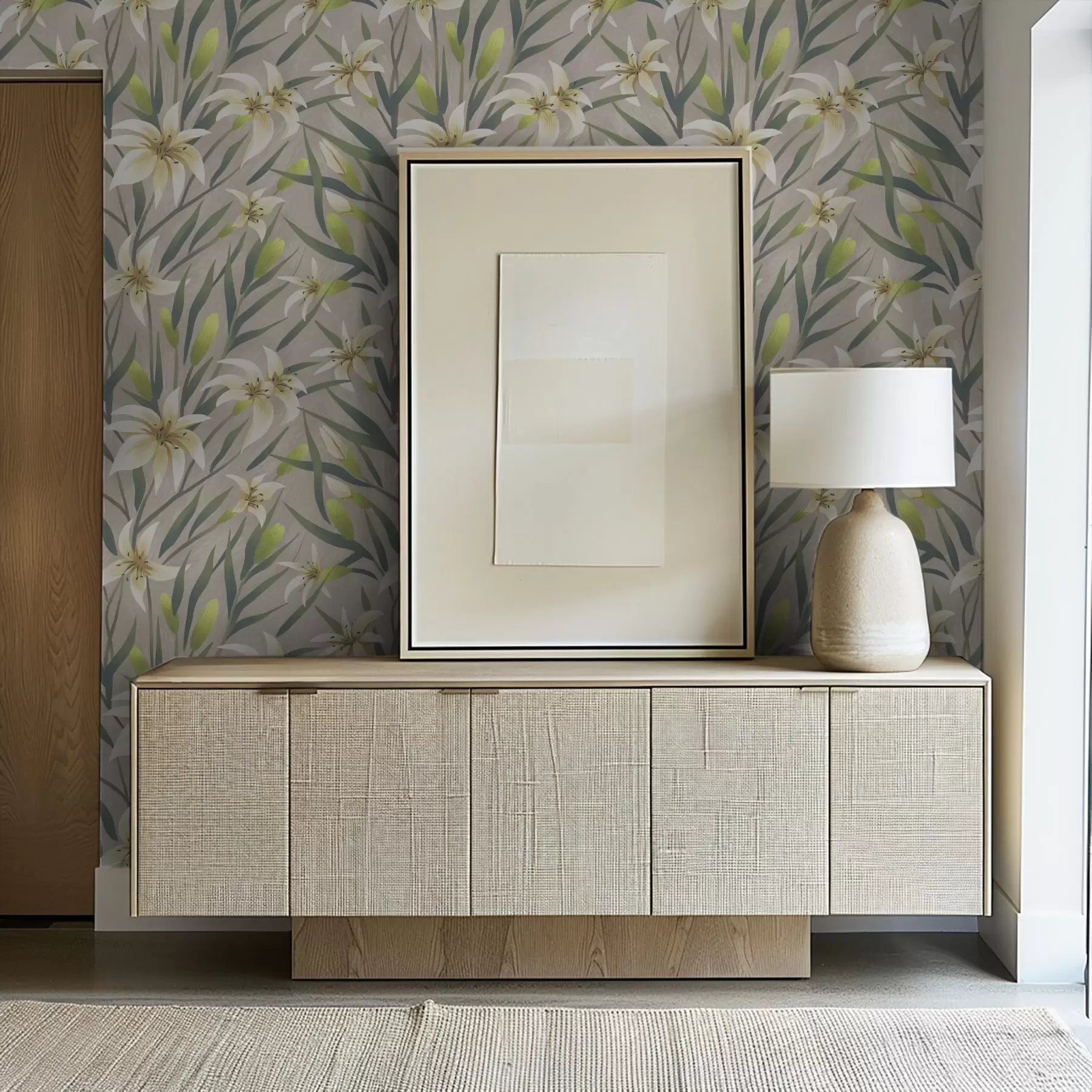 Murale Lys crème avec feuilles sur fond gris-beige a00837