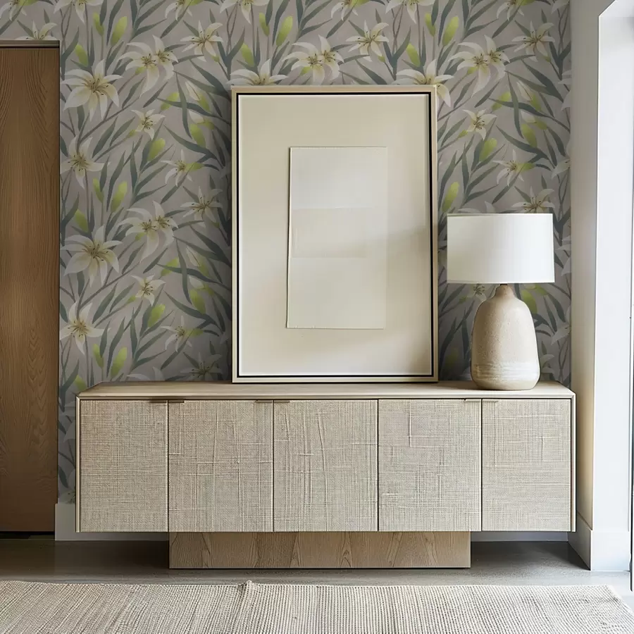 fototapeter Cremefarvede liljer med blade på gråbeige baggrund a00837