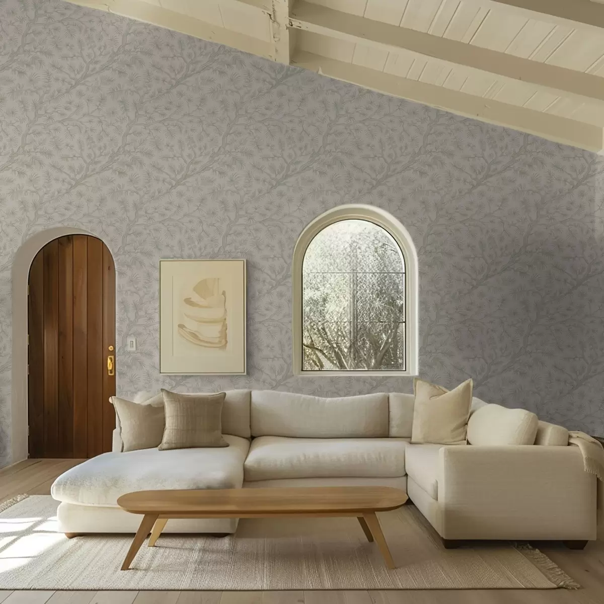 Baggrund Fyrretræsgrene i lysegrønne nuancer på beige baggrund a00838v1