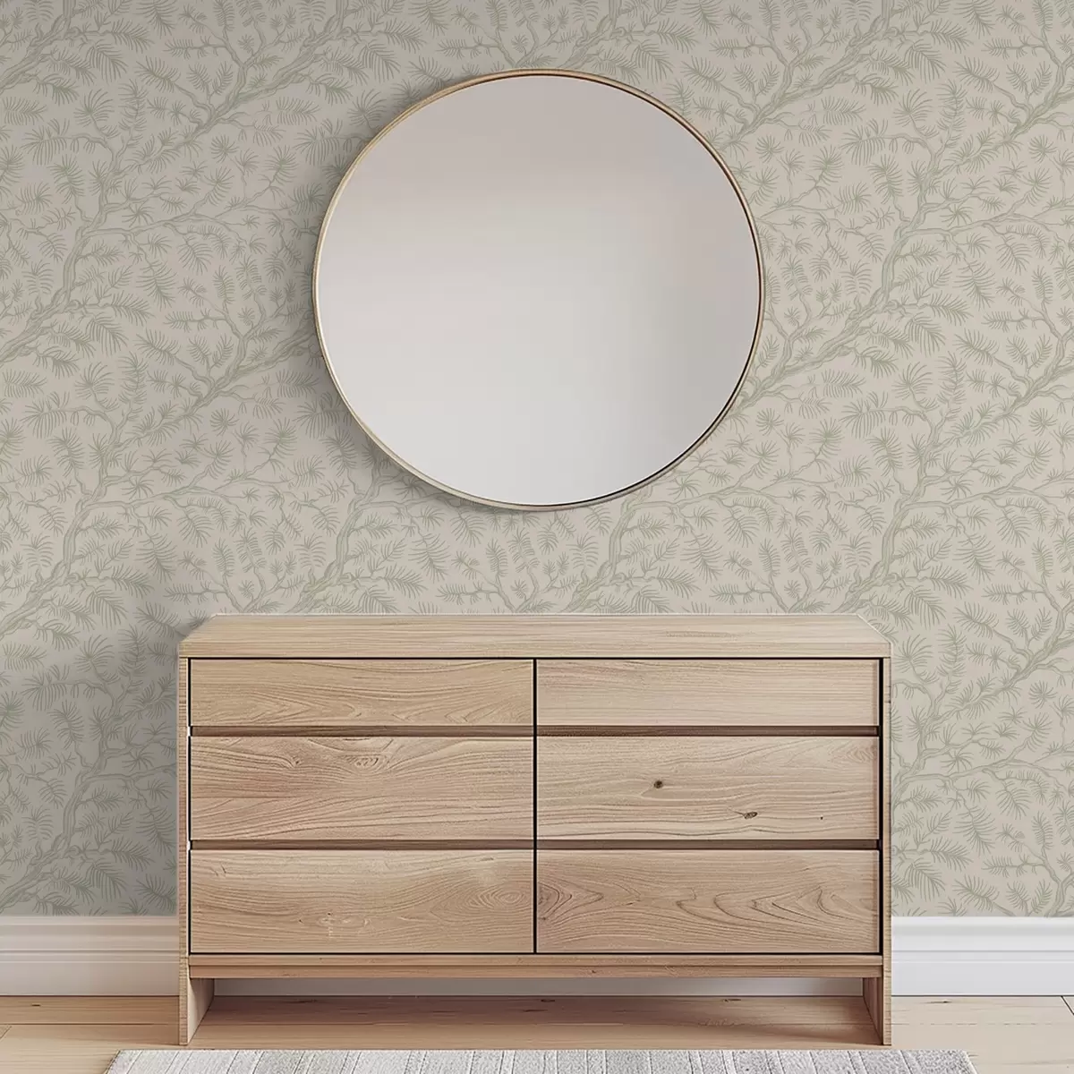 Tapete Kiefernzweige in hellgrünen Farbtönen auf beigem Hintergrund a00838v1