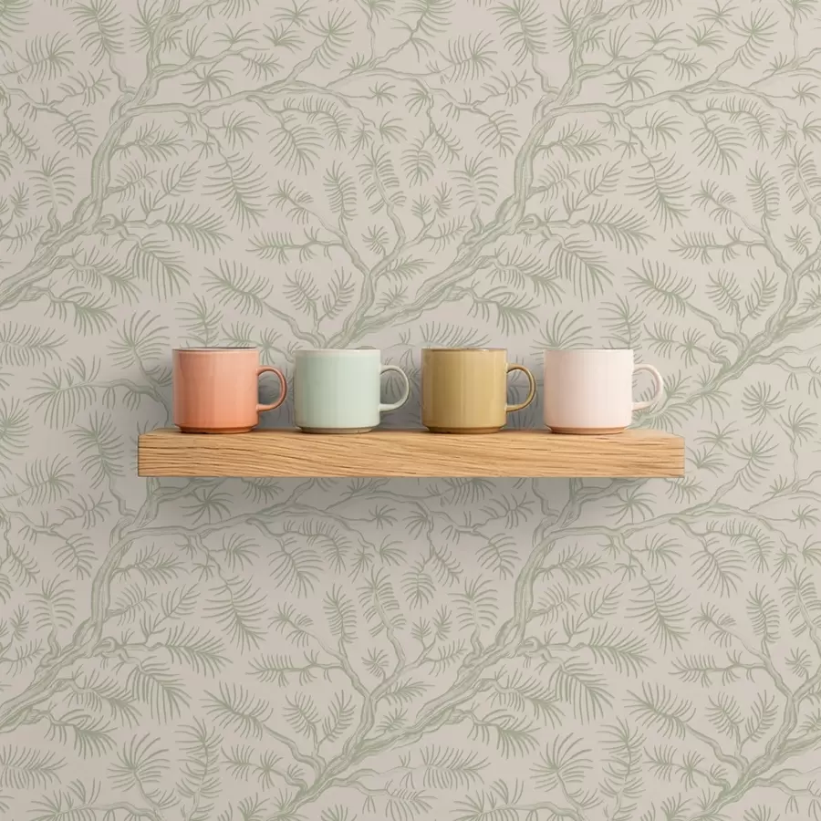 Murale Branches de pin dans des tons vert clair sur fond beige a00838v1