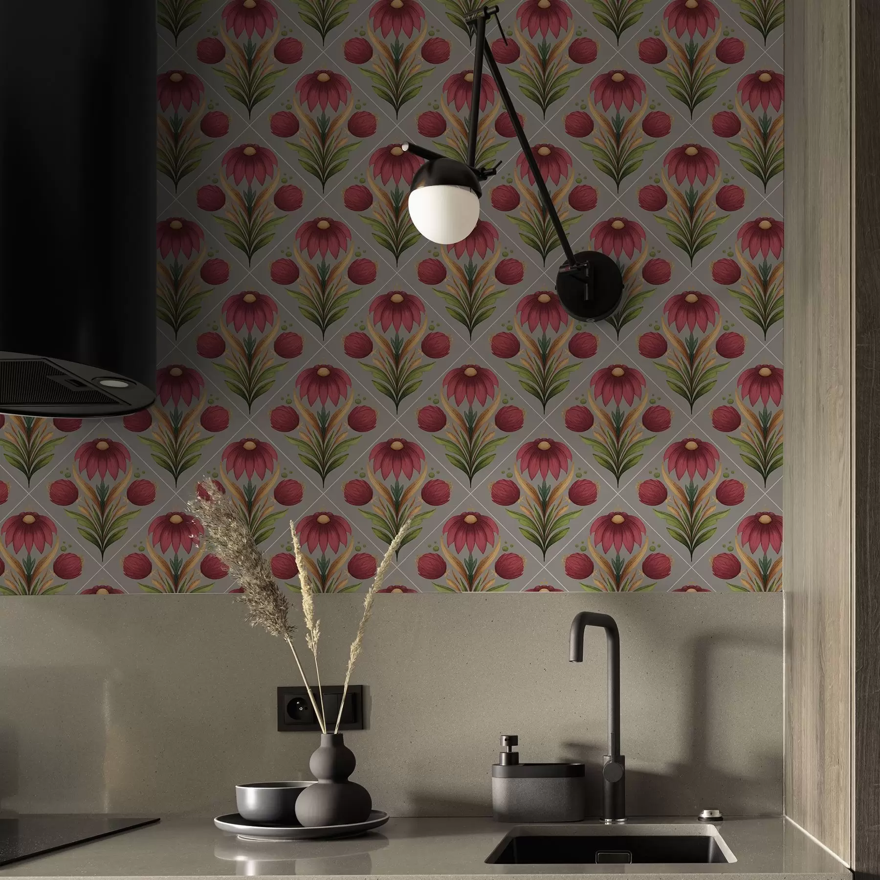 fototapeter Symmetrisk blomsterornament på grå baggrund med diagonaler a00869