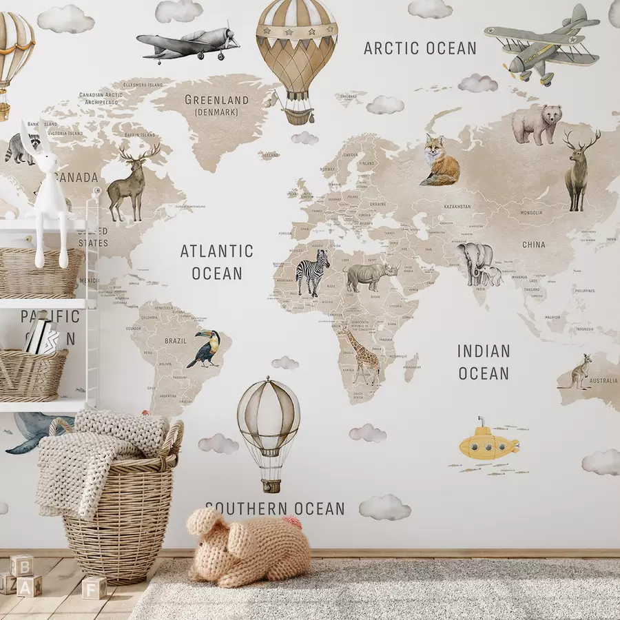 fototapeter Børnekort i akvarelstil med dyr og luftballoner. Engelsk sprog. Beige farve. c00001env2