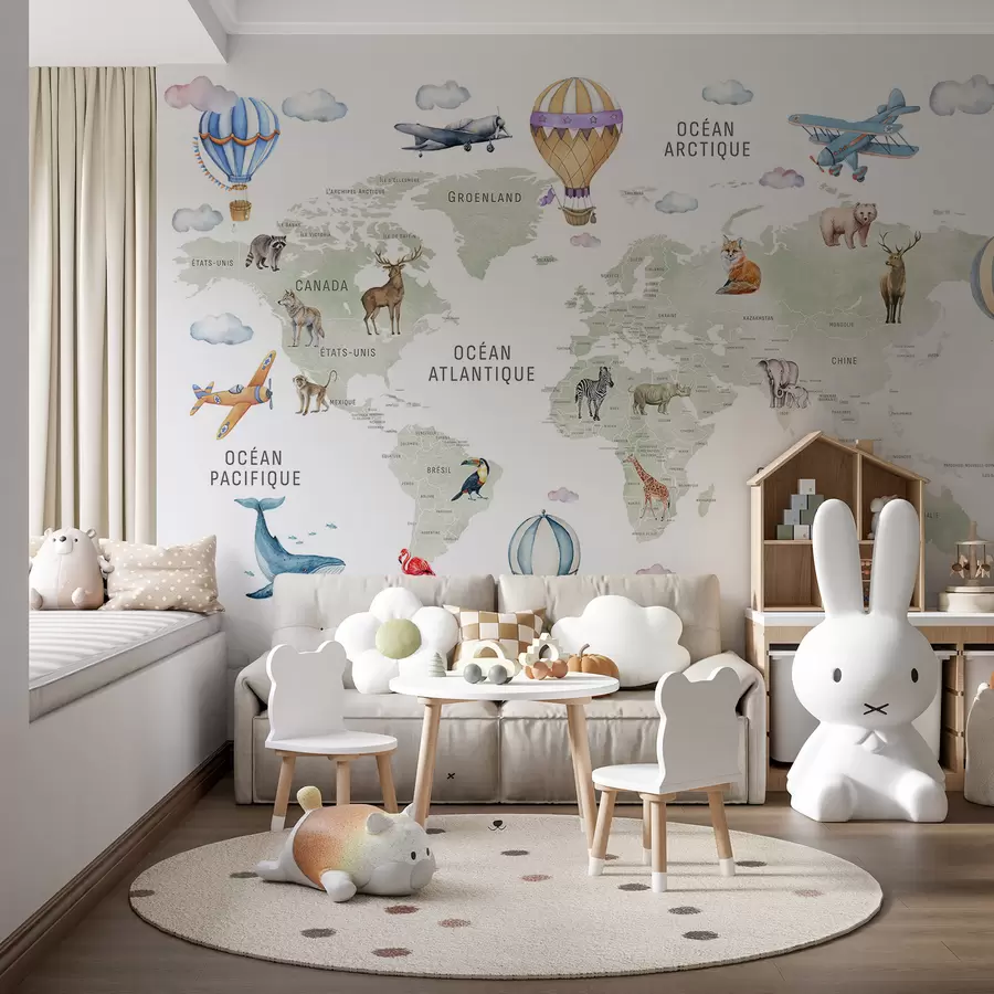 Murale Carte pour enfants au style aquarelle avec des animaux et des montgolfières. En français. Couleur verte. c00001fr