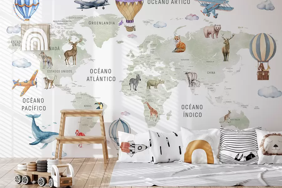 Fototapete Kinderkarte im Aquarellstil mit Tieren und Heißluftballons. Spanische Sprache. Grüne Farbe. c00001es