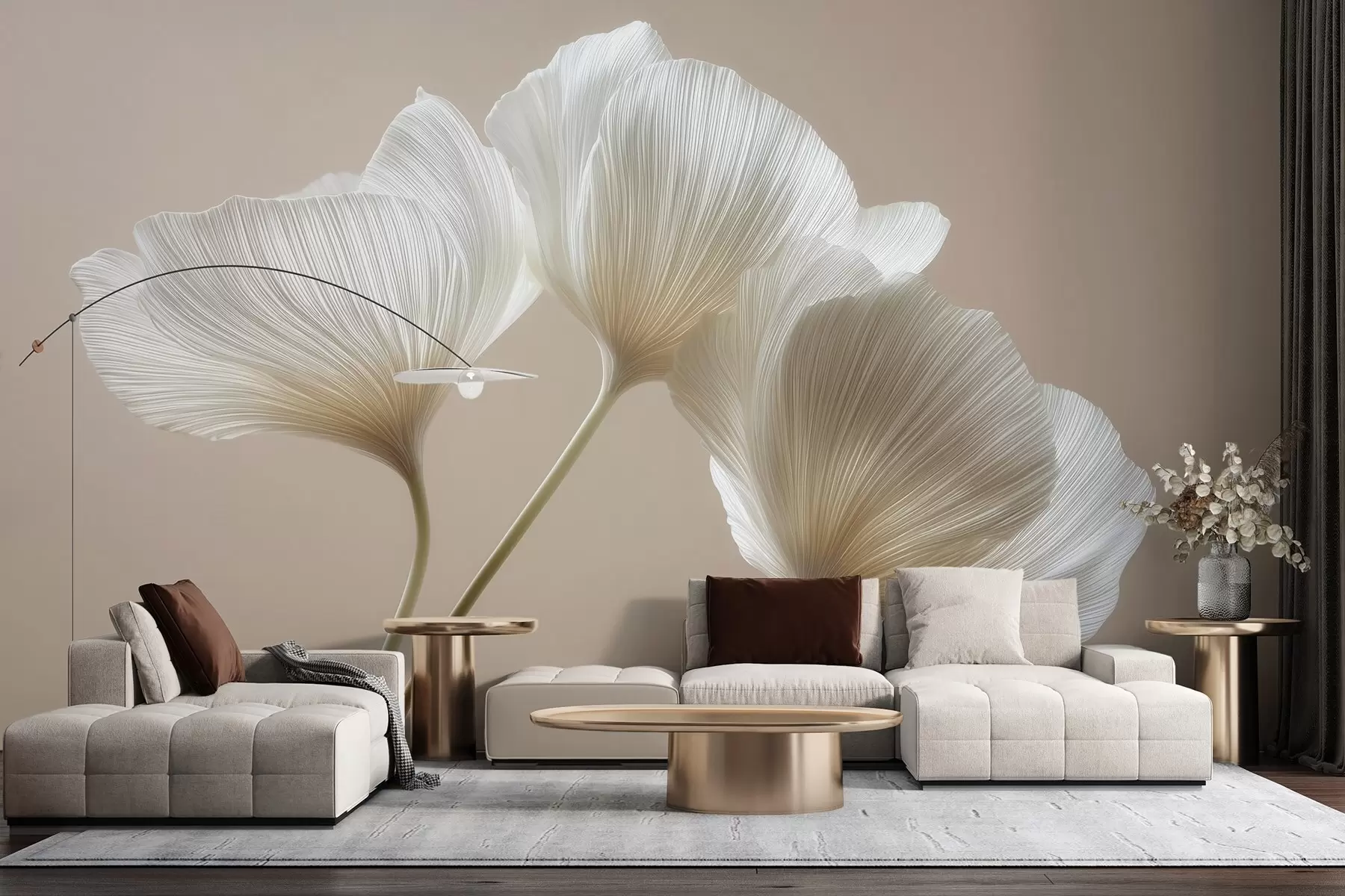 Murale trois fleurs délicates sur fond beige w04810