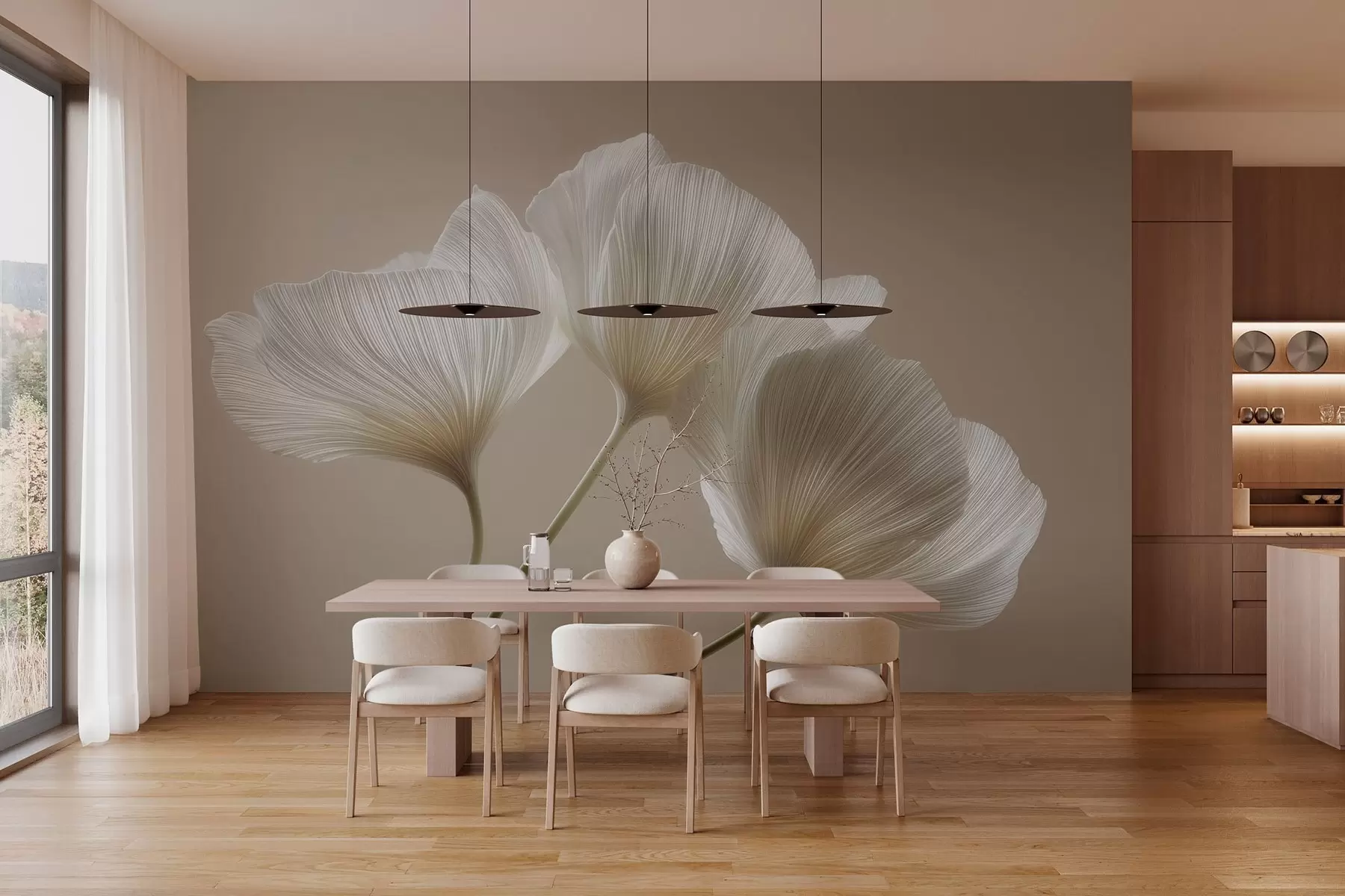 Fototapete drei zarte Blumen auf beigem Hintergrund w04810