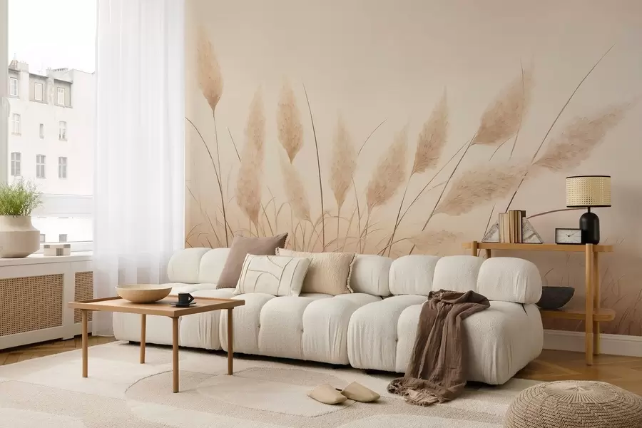 Murale Herbe de pampa beige tendre dans le champ w09324