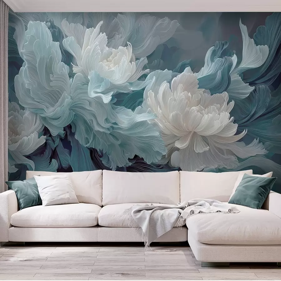 Murale Fleurs abstraites dans des tons bleus et turquoise w09452