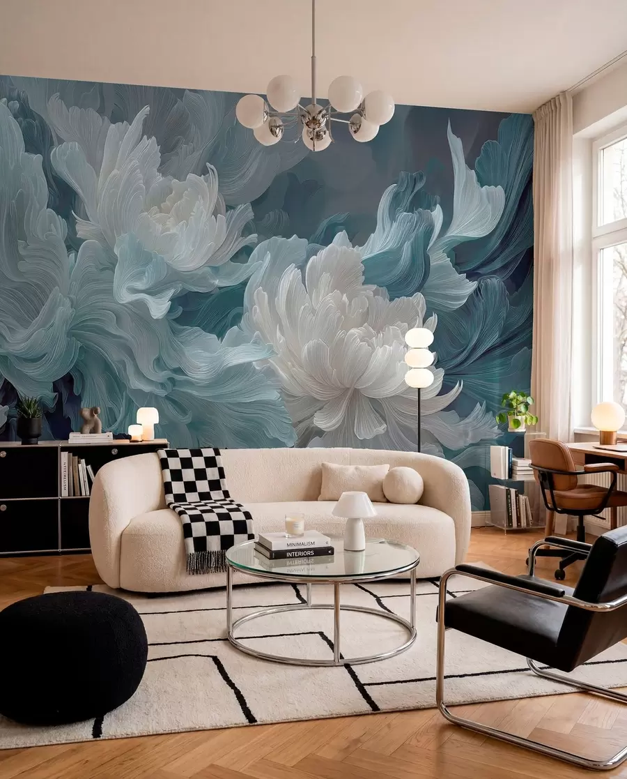 Murale Fleurs bleues sur fond pétrole w09452