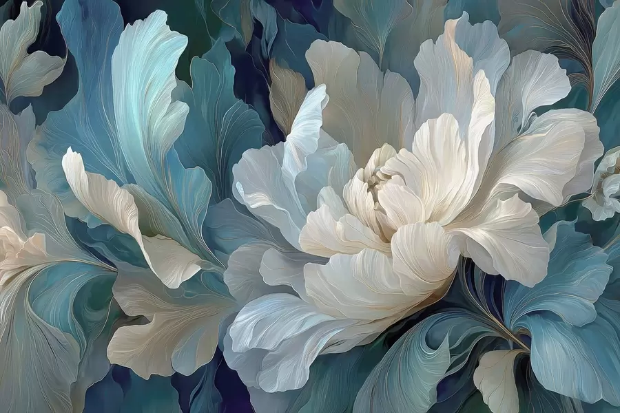 fototapeter Delikat volumetrisk pæon i en kølig farvepalet w09456