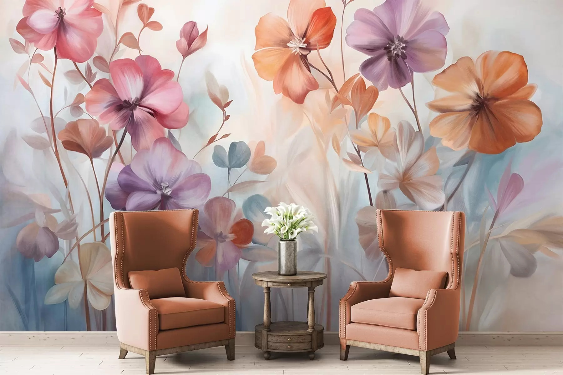 fototapeter Teksturrig blomsterdekoration med lyserøde, lilla og orange blomster med grønne stængler og blade, bløde pastelfarver w09486