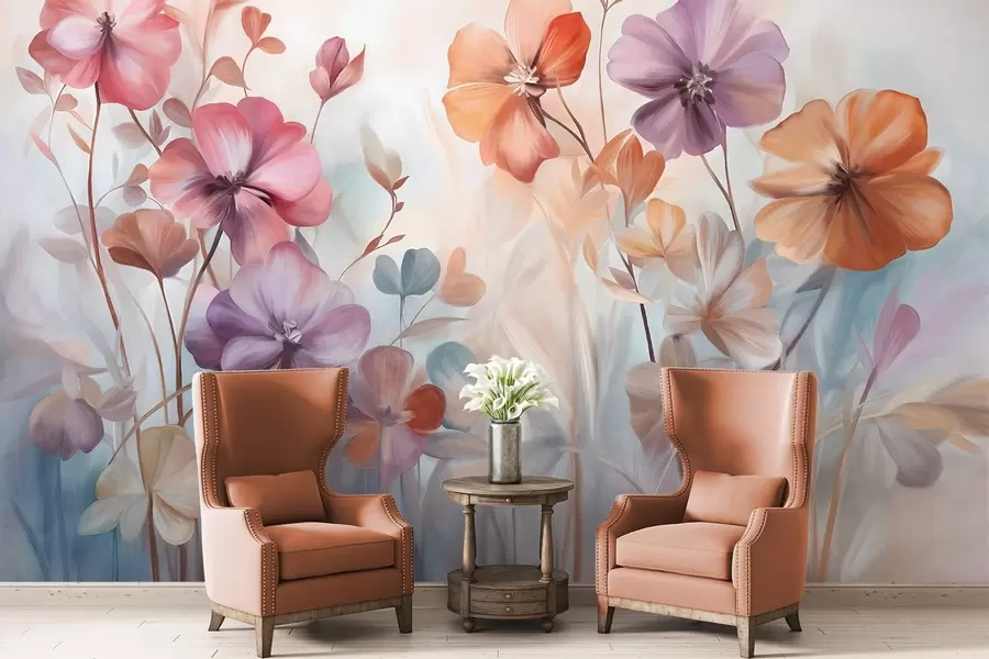 fototapeter Teksturrig blomsterdekoration med lyserøde, lilla og orange blomster med grønne stængler og blade, bløde pastelfarver w09486