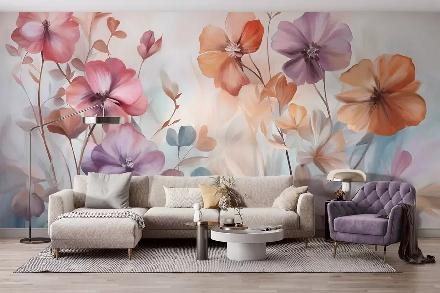 Fototapete Texturiertes Blumenarrangement mit rosa, violetten und orangefarbenen Blüten mit grünen Stielen und Blättern, sanfte Pastellfarben w09486