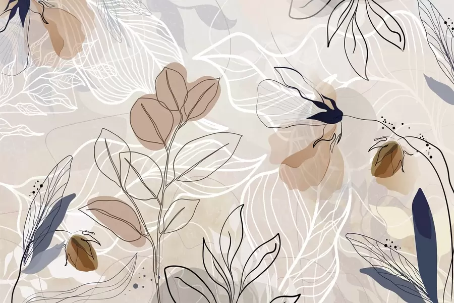 fototapeter Beige abstrakt baggrund med blade og blomster i stregtegning, moderne, minimalistisk, organiske former, botanisk print  w09487