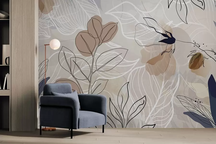 Fototapeter Beige abstrakt baggrund med blade og blomster i stregtegning, moderne, minimalistisk, organiske former, botanisk print  w09487 køb DK - Uwalls.dk fototapeter Beige abstrakt baggrund med blade og blomster i stregtegning, moderne, minimalistisk, organiske former, botanisk print  w09487