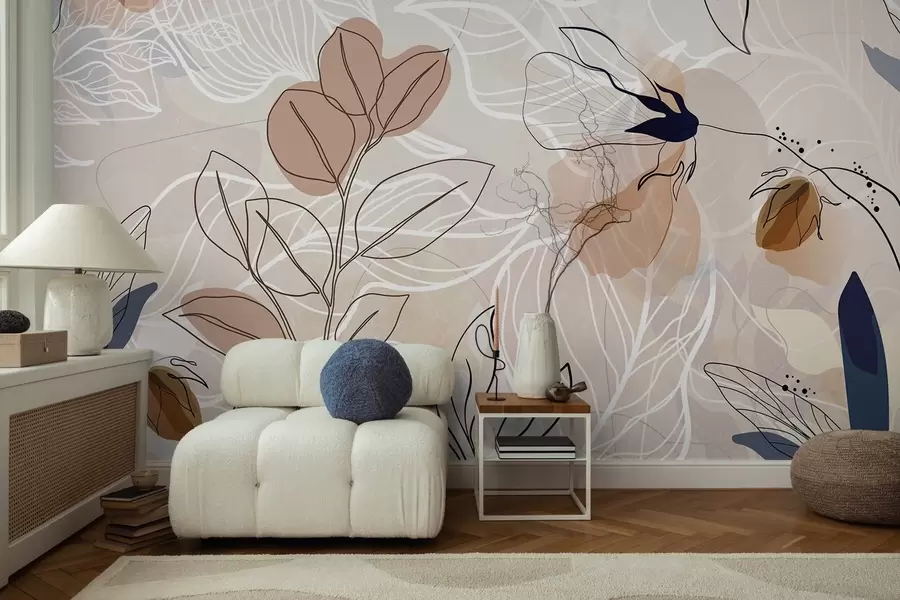 Murale Fond abstrait beige avec des feuilles et des fleurs dessinées au trait, formes modernes, minimalistes et organiques, imprimé botanique w09487