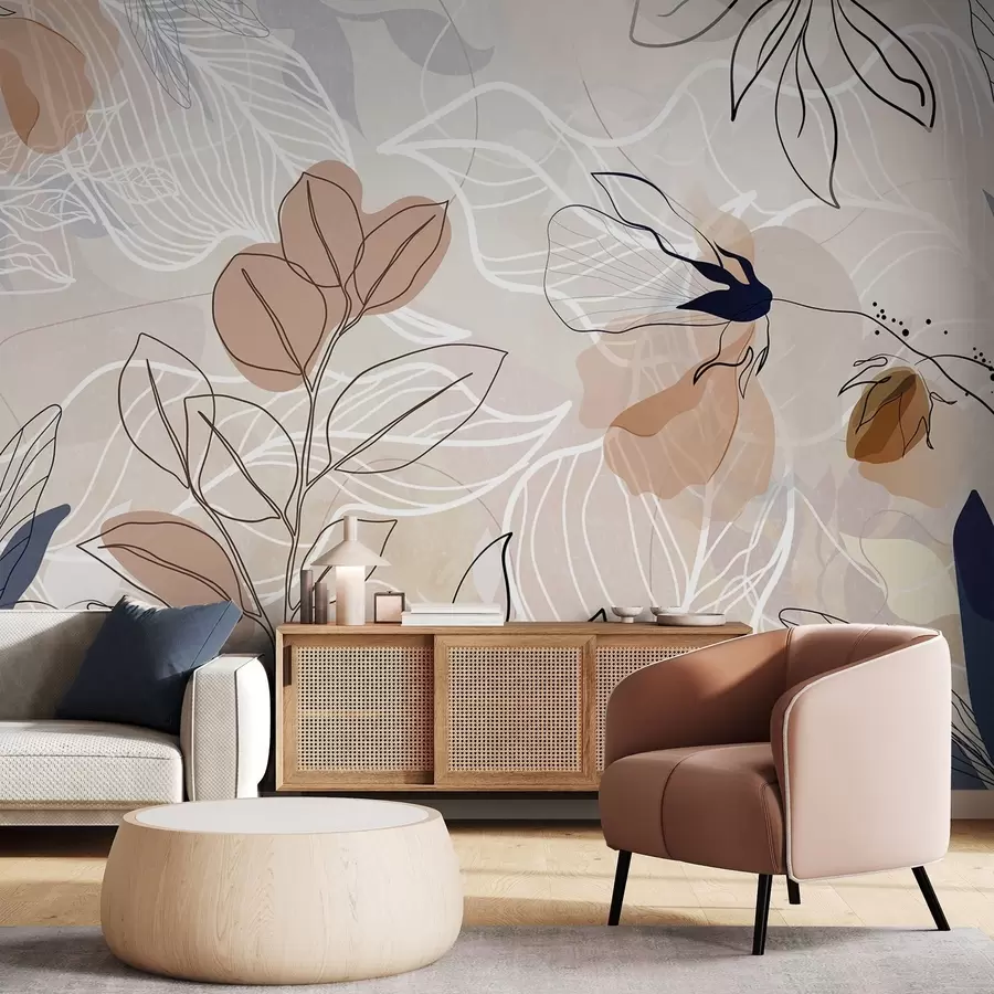 Fototapeter Beige abstrakt baggrund med blade og blomster i stregtegning, moderne, minimalistisk, organiske former, botanisk print  w09487 køb DK - Uwalls.dk fototapeter Beige abstrakt baggrund med blade og blomster i stregtegning, moderne, minimalistisk, organiske former, botanisk print  w09487