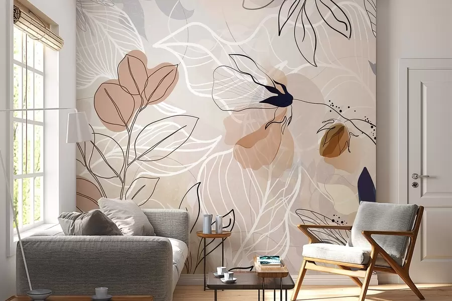 fototapeter Beige abstrakt baggrund med blade og blomster i stregtegning, moderne, minimalistisk, organiske former, botanisk print  w09487