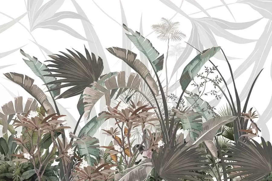 Fototapete Tropische strukturierte Blätter mit Blumen, Palmen, Plumeria-Blüten, Pastellfarben, weißer Hintergrund, Dschungel w09488