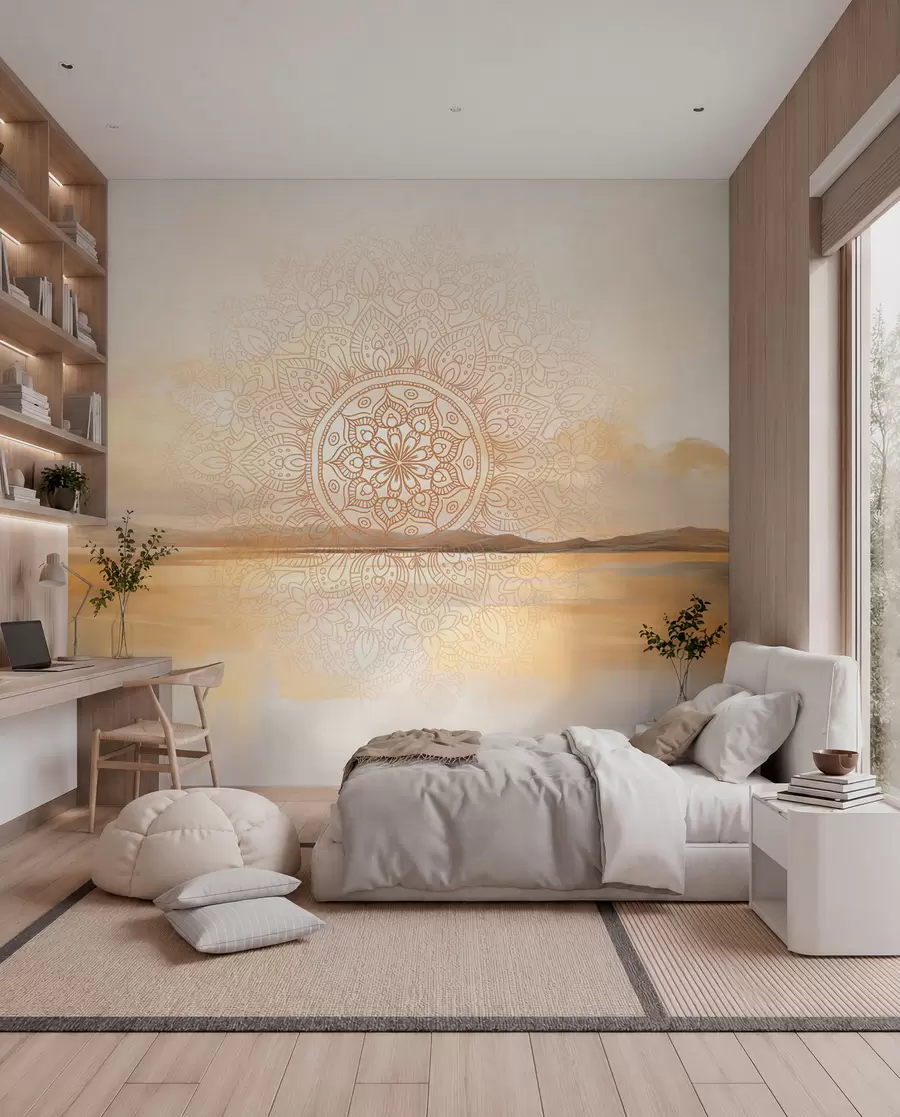 fototapeter Tekstureret symmetrisk mandala-design, der overlapper et landskab med hav, bakker og himmel, bløde pastelfarver w09491