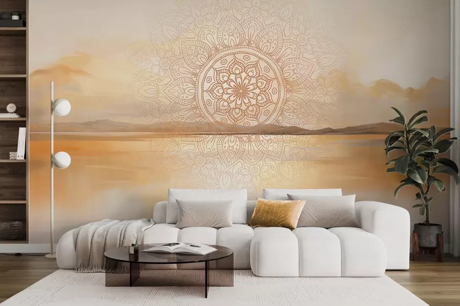 fototapeter Tekstureret symmetrisk mandala-design, der overlapper et landskab med hav, bakker og himmel, bløde pastelfarver w09491