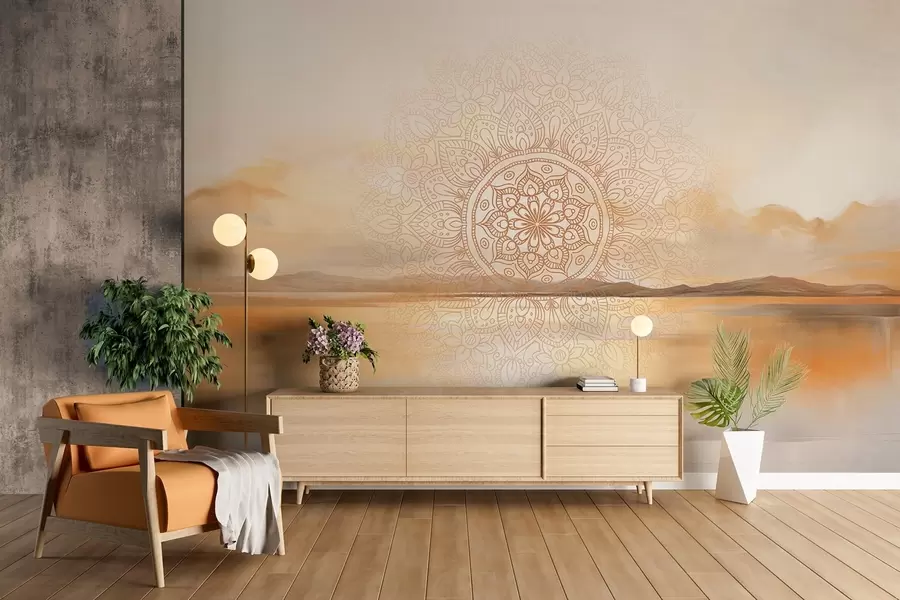 Fototapete Strukturiertes symmetrisches Mandala-Design überlagert eine Landschaft mit Meer, Hügeln und Himmel in sanften Pastellfarben w09491