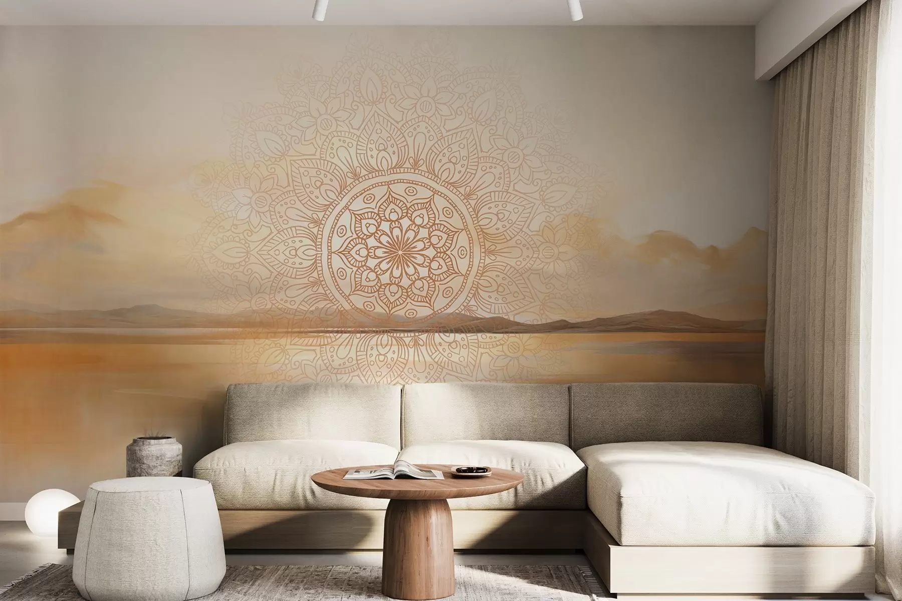 Murale Motif mandala symétrique texturé superposé à un paysage représentant la mer, des collines et le ciel, dans des couleurs pastel douces w09491