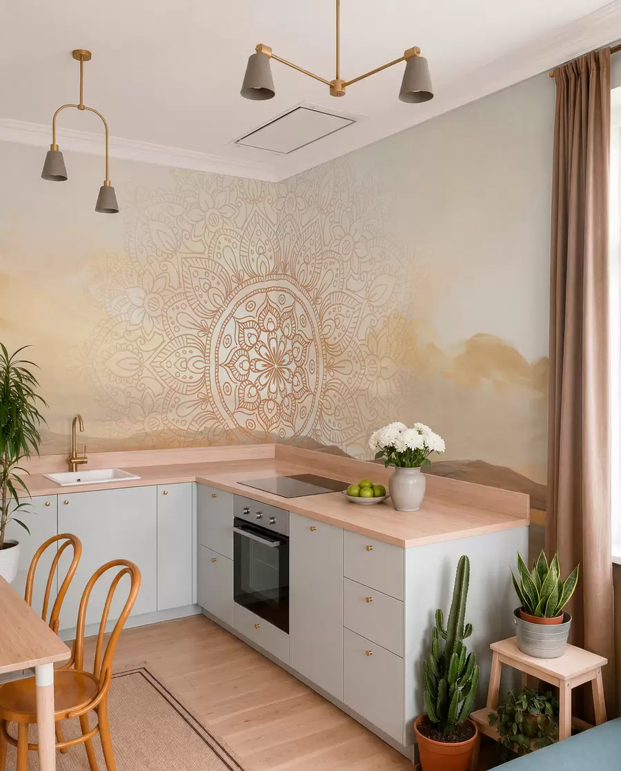fototapeter Tekstureret symmetrisk mandala-design, der overlapper et landskab med hav, bakker og himmel, bløde pastelfarver w09491