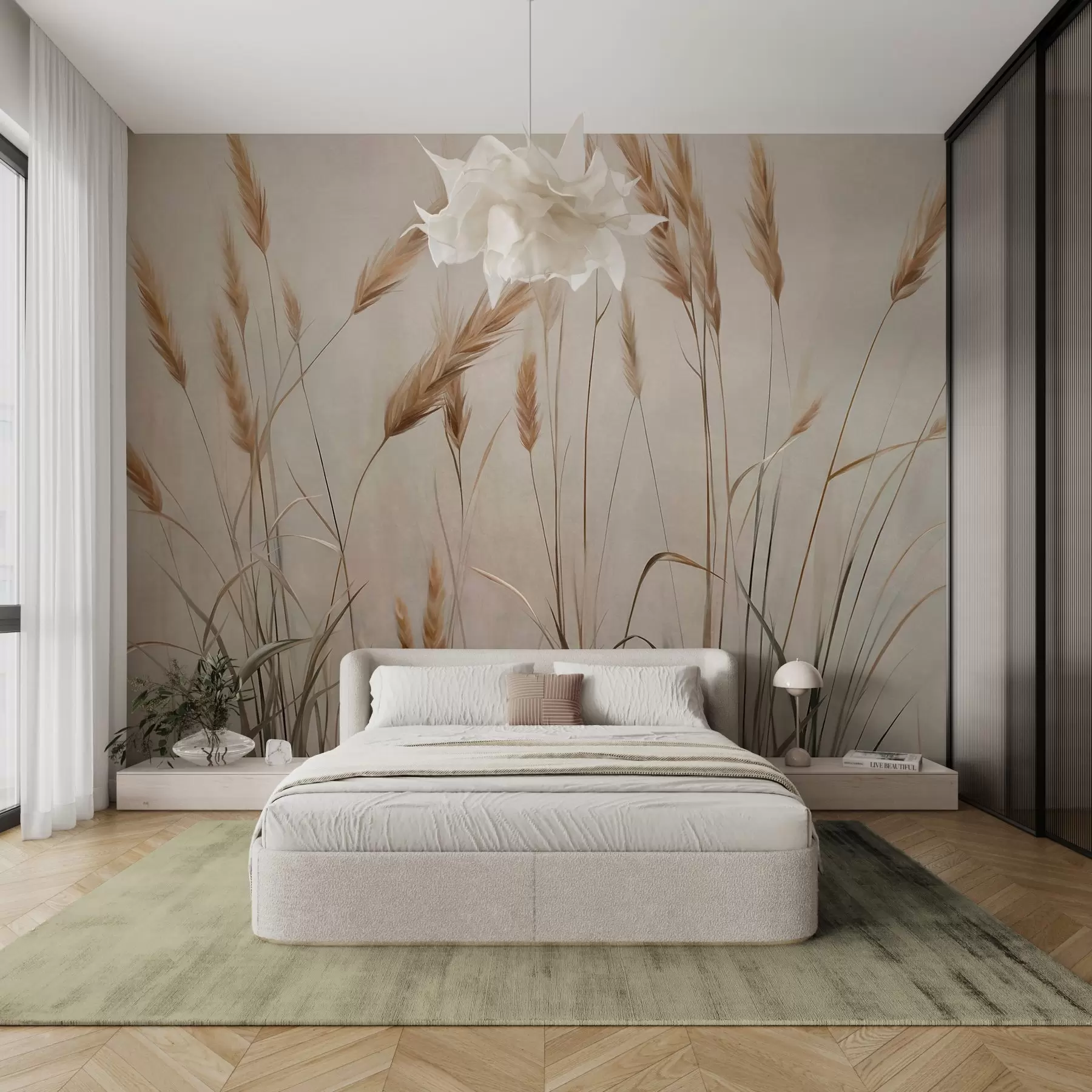 fototapeter Hvedemark med gule kornaks, beige baggrund, naturligt lys, varme toner, detaljerede penselstrøg w09493