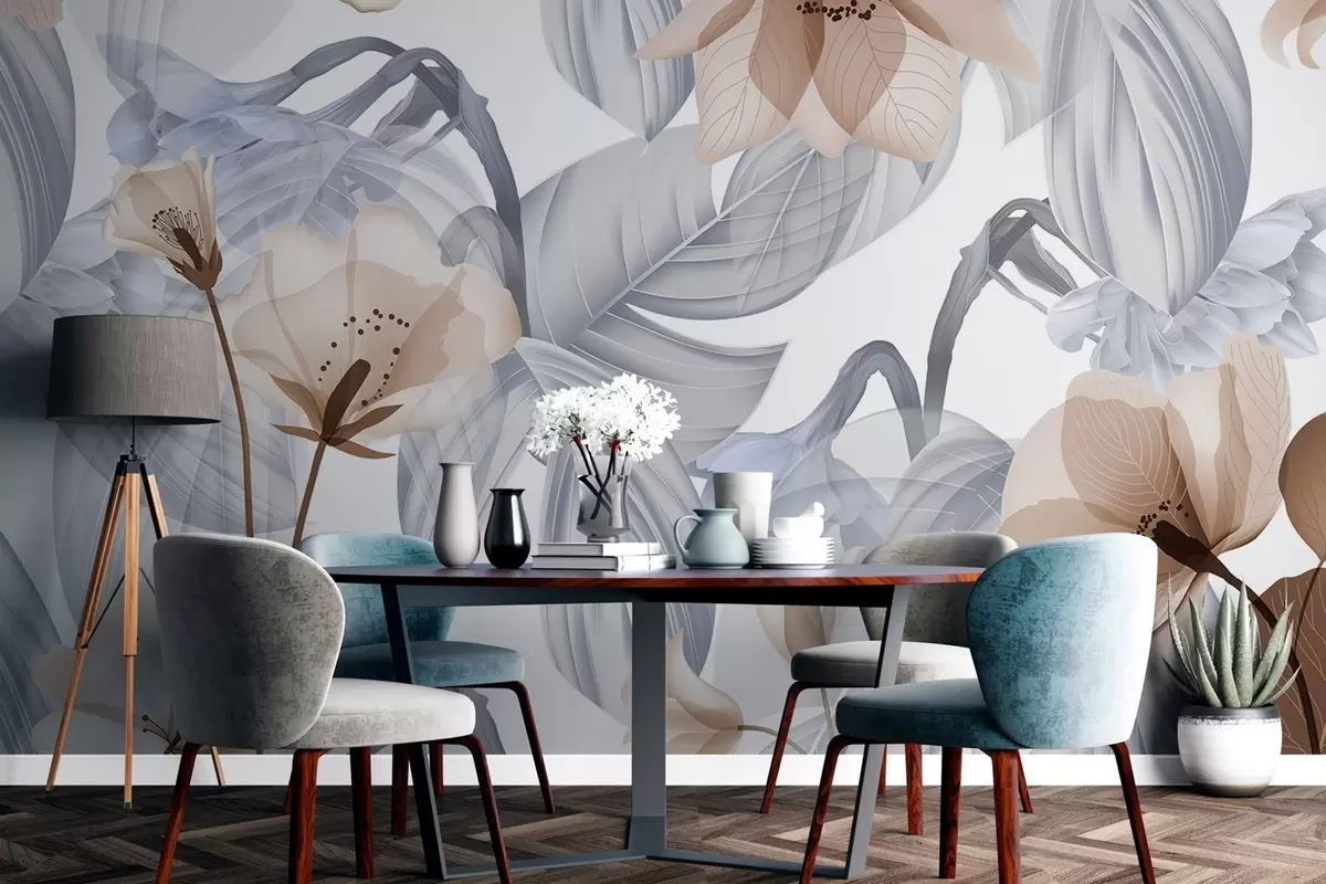 Fototapete Braune Blüten und graue Blätter, botanischer Blumenhintergrund, elegantes Design, sanfte Farben, leichte, zarte Details w09497v1